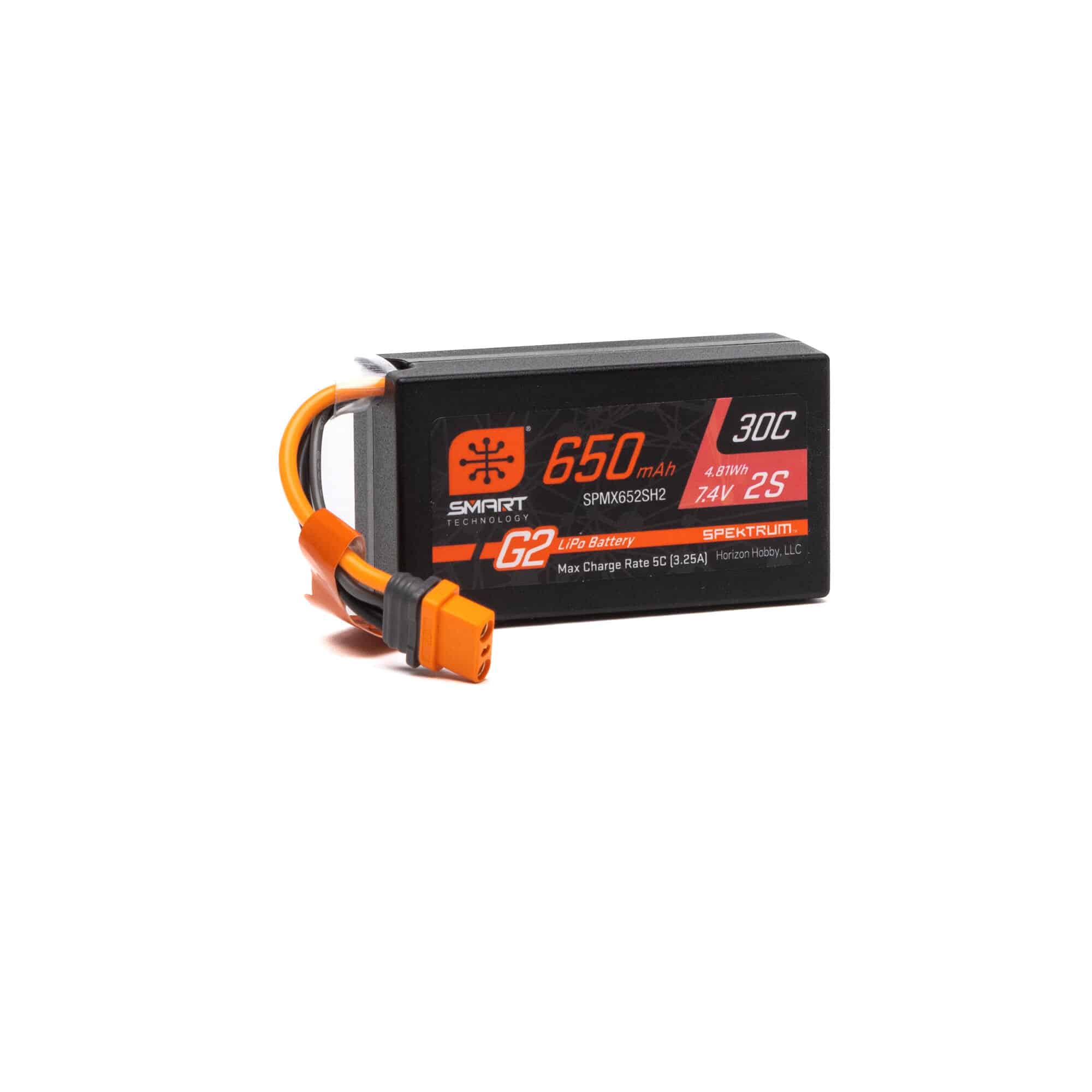 O-SPMX652SH2 Spektrum 7.4V 650mAh 2S Smart G2 30C LiPo: IC2 SPMX652SH2 - Image 1